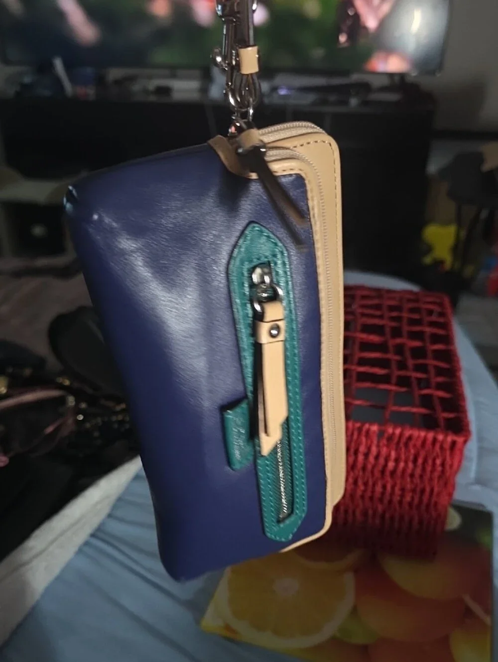 Coach Navy and Beige Leather Wristlet with Green Trim